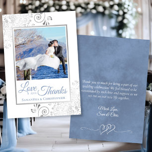 Fancy Dusty Blue Love Thanks Photo & Note Wedding Thank You Card