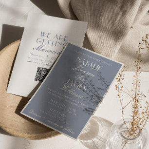 Fancy Dusty Blue Old Money Classic QR Code Wedding Invitation