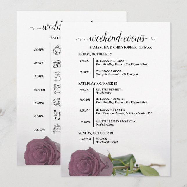 Fancy Dusty Mauve Rose Wedding Events & Timeline Programme (Front/Back)