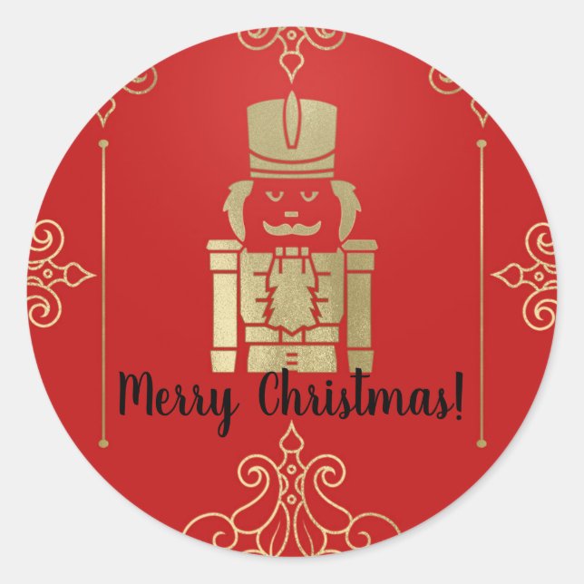 Fancy Elegant Gold & Red Nutcracker Holiday Party Classic Round Sticker (Front)