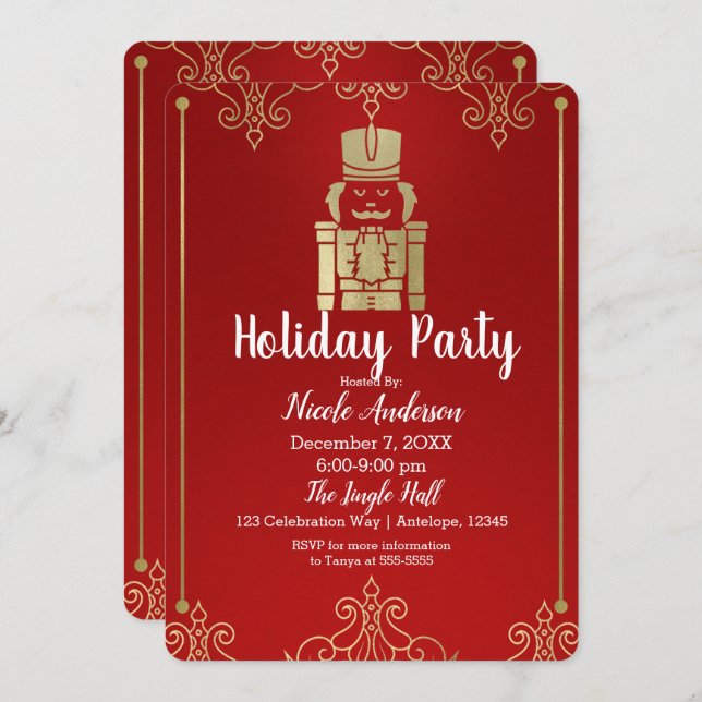 Fancy Elegant Gold & Red Nutcracker Holiday Party Invitation (Front/Back)