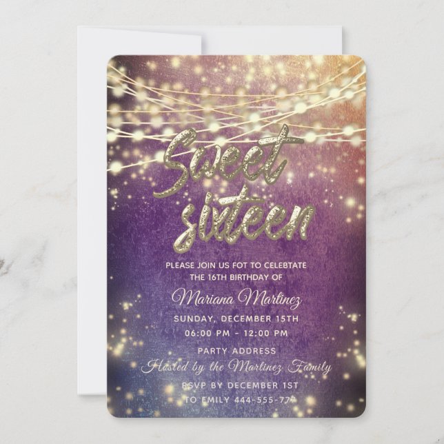 Fancy elegant String lights gold sparkle  Invitation (Front)