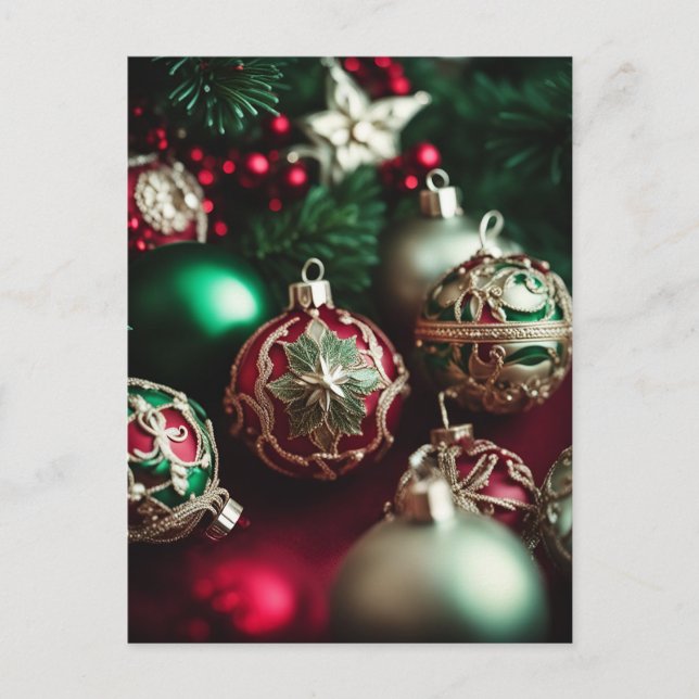 Fancy Elegant Victorian Red Green Christmas Balls Holiday Postcard (Front)