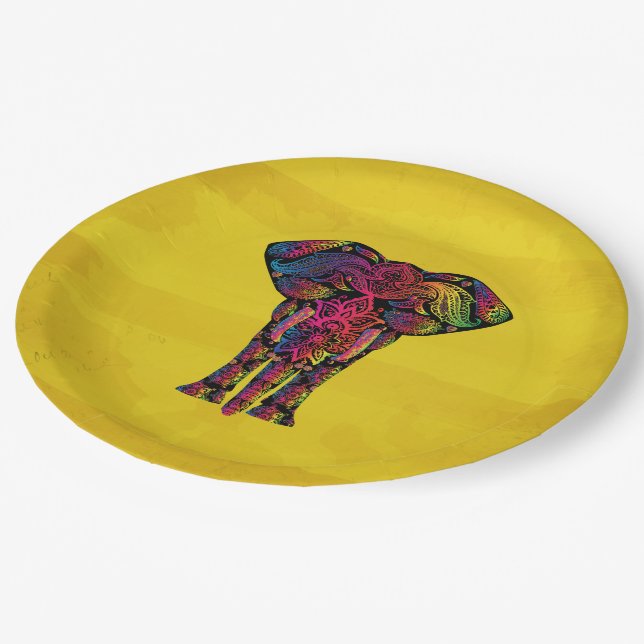 Fancy Elephant Illustration - Decorative Pattern Paper Plate (Angled)