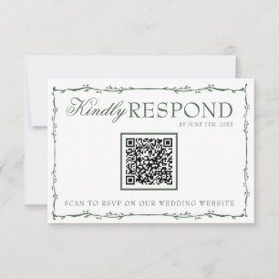 Fancy Emerald Green Branches Boho QR Code Wedding RSVP Card