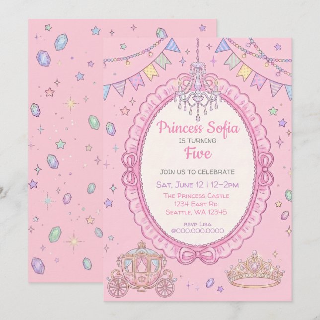 Fancy Fairy Tale Pink Princess Birthday Invitation (Front/Back)