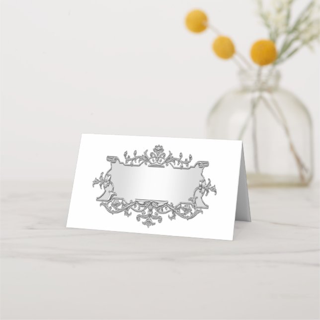 Fancy Faux Silver Filigree Look Escort Place Card (Front)