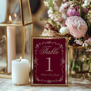 Fancy Floral Burgundy Beige Wedding Table Number