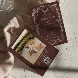 Fancy Floral Chocolate Brown Photo QR Code Wedding Invitation