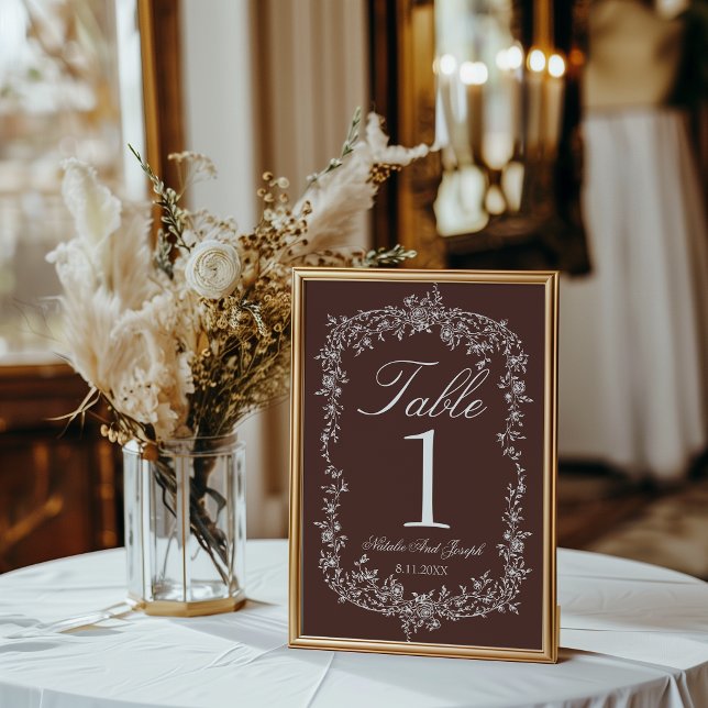 Fancy Floral Chocolate Brown Wedding Table Number (Creator Uploaded)
