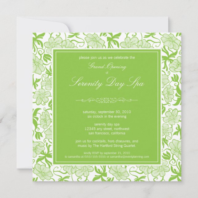Fancy Floral Grand Opening Invitation (green) (Front)