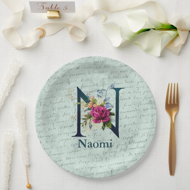 Fancy Floral Monogram Initial N   Paper Plate (Wedding)