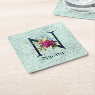 Fancy Floral Monogram Initial N  Square Paper Coaster