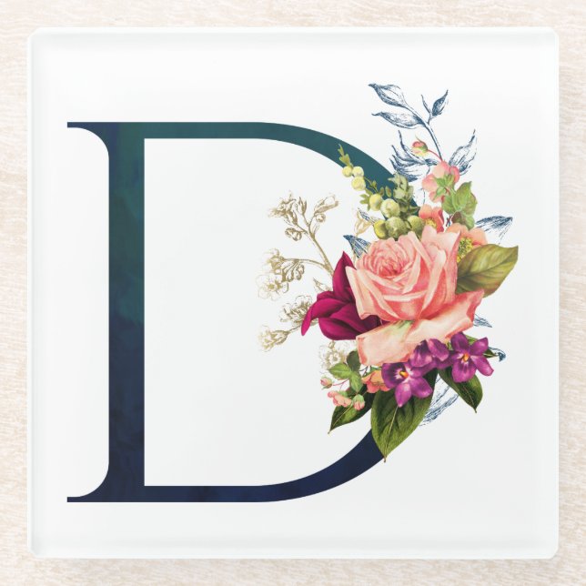 Fancy Floral Monogram Letter D Glass Coaster (Front)