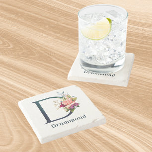 Fancy Floral Monogram Letter D Stone Coaster