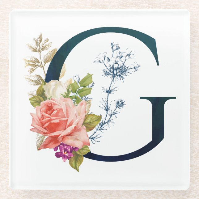 Fancy Floral Monogram Letter G Glass Coaster (Front)