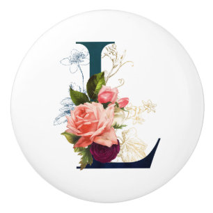 Fancy Floral Monogram Letter L pink Ceramic Knob