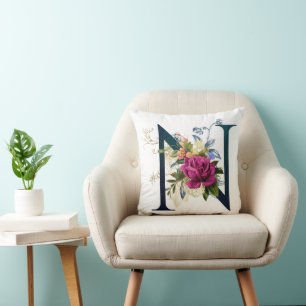 Fancy Floral Monogram Letter N Cushion