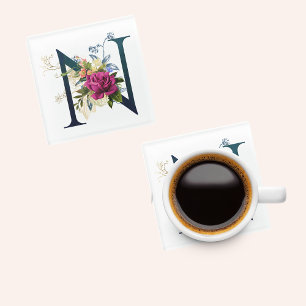 Fancy Floral Monogram Letter N Glass Coaster