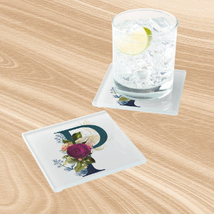 Fancy Floral Monogram Letter P Glass Coaster