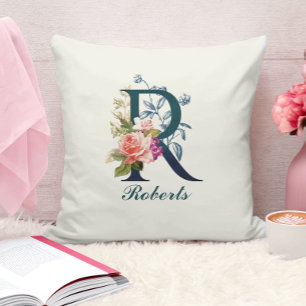 Fancy Floral Monogram Letter R Cushion