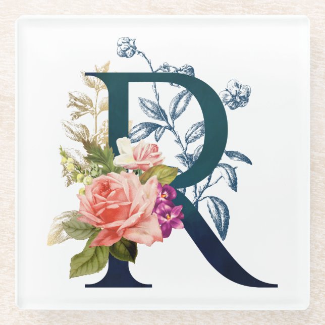 Fancy Floral Monogram Letter R Glass Coaster (Front)