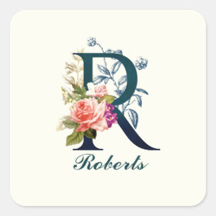Fancy Floral Monogram Letter R Square Sticker
