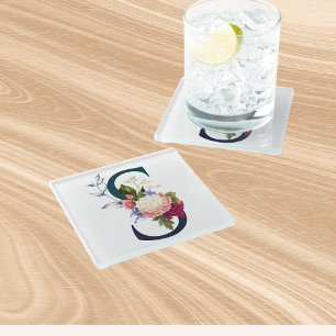 Fancy Floral Monogram Letter S Glass Coaster