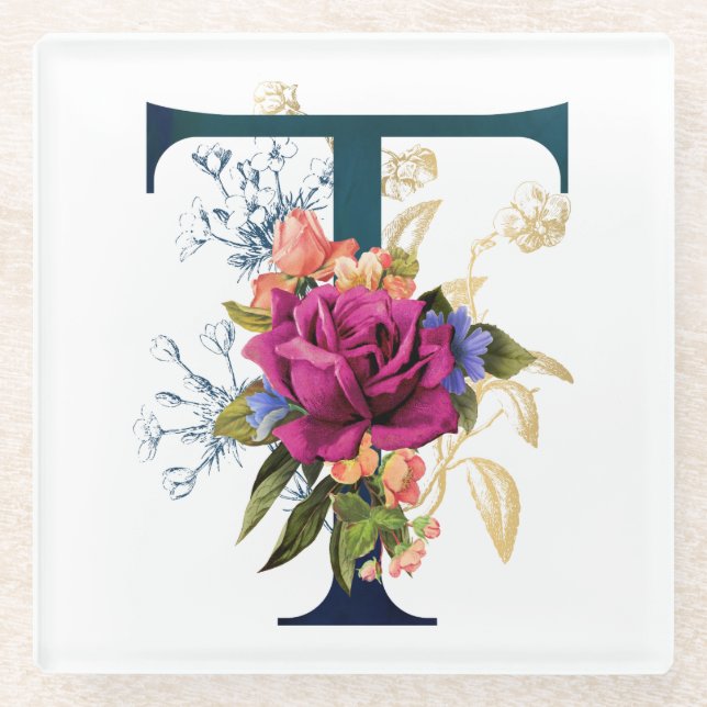 Fancy Floral Monogram Letter T Glass Coaster (Front)