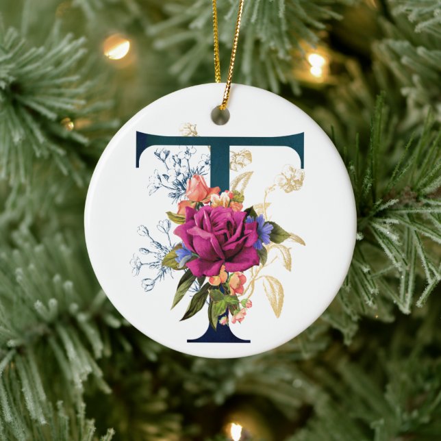 Fancy Floral Monogram Letter T Personalised Ceramic Tree Decoration (Tree)