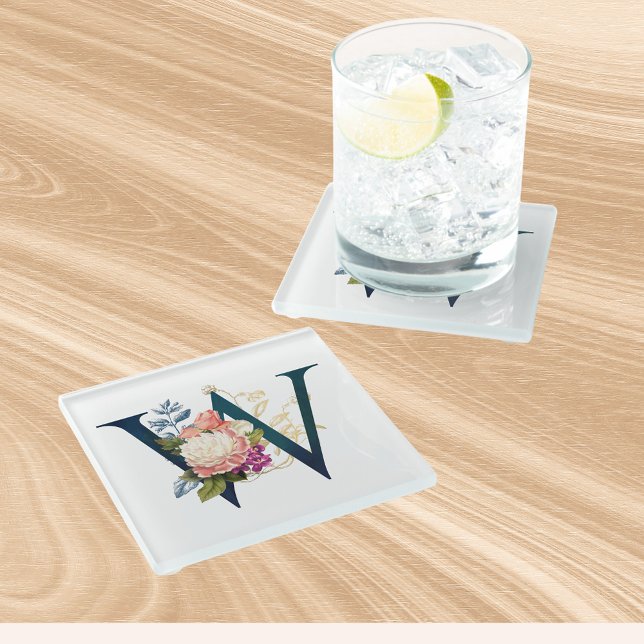 Fancy Floral Monogram Letter W Glass Coaster (Creator Uploaded)