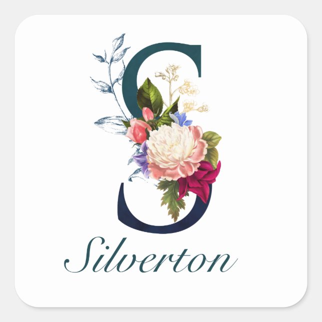Fancy Floral Navy Monogram Letter S Square Sticker (Front)