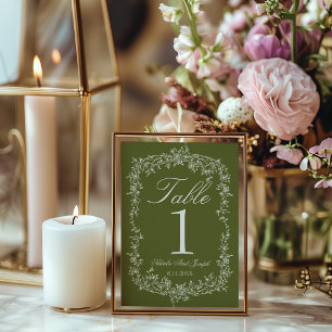 Fancy Floral Olive Green Wedding Table Number