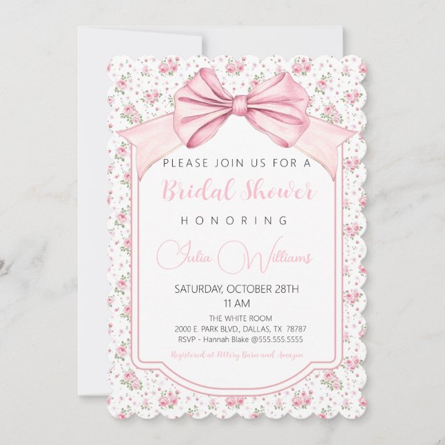 Fancy Floral Pink Bow Bridal Shower Invitation  (Front)