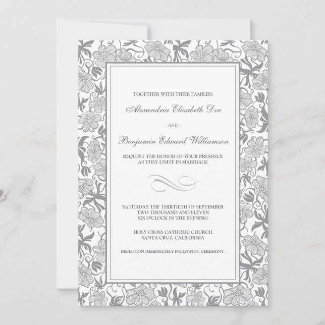Fancy Floral Platinum Wedding Invitation (Front)