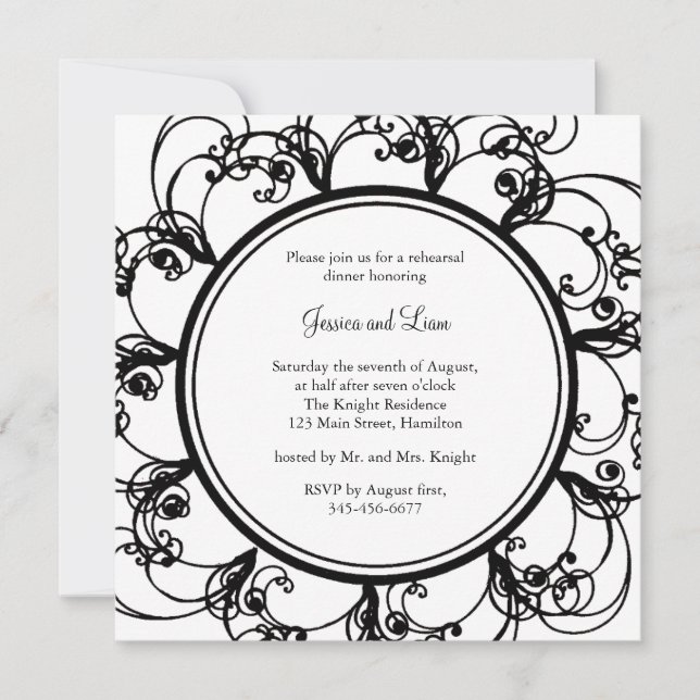 Fancy Floral Rehearsal Dinner Invitation (bl/wh) (Front)