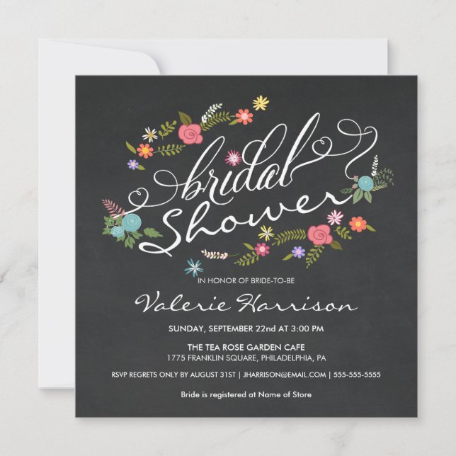 Fancy Floral Wreath Chalkboard Bridal Shower Invitation (Front)