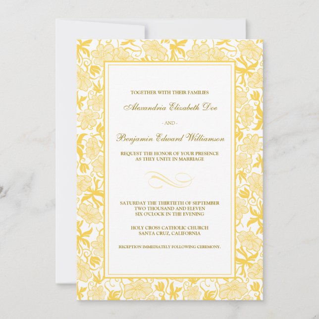 Fancy Floral Yellow Wedding Invitation (Front)