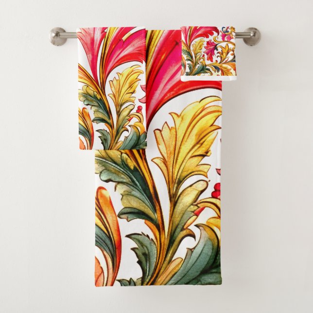 Fancy Florentine Design Watercolor Leaves Bath Towel Set (Insitu)
