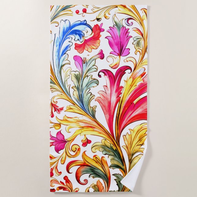 Fancy Florentine Design Watercolor Leaves Beach Towel (Front)