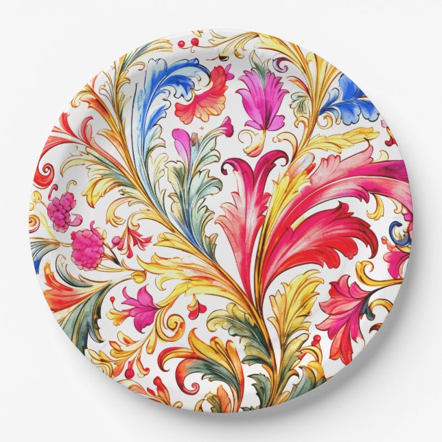 Fancy Florentine Design Watercolor Leaves Paper Plate (Front)