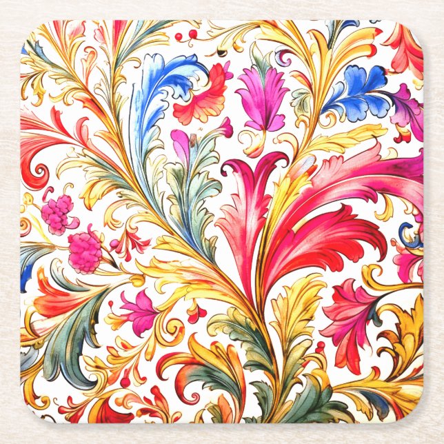 Fancy Florentine Design Watercolor Leaves Square Paper Coaster (Front)