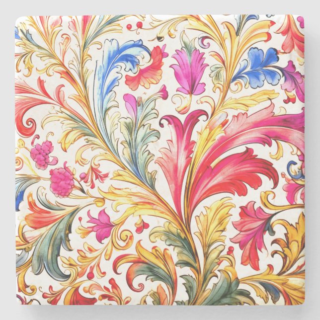 Fancy Florentine Design Watercolor Leaves Stone Coaster (Front)