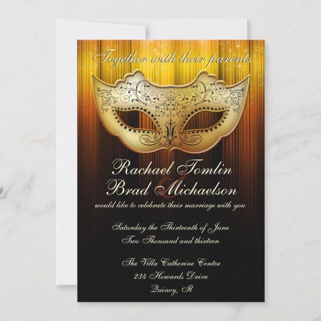 Fancy Flourish Gold Masquerade Wedding Invite (Front)