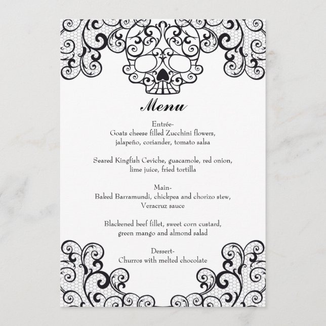 Fancy Flourish Skull 5x7" Wedding Menu in Black (Front)
