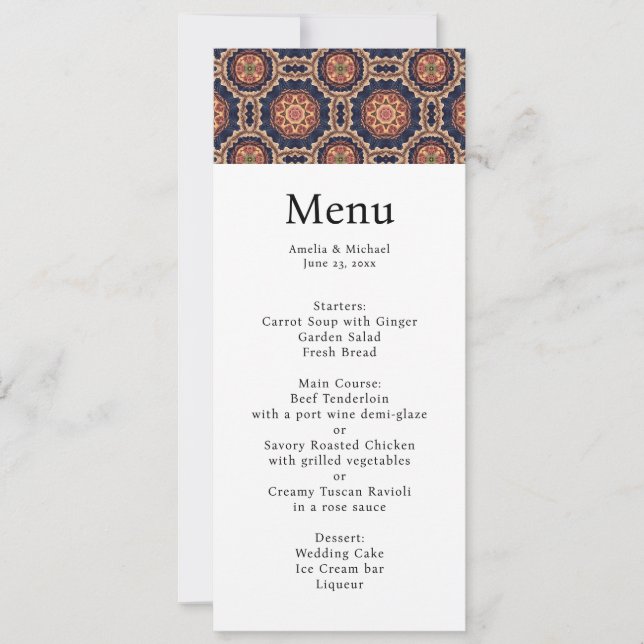 Fancy Flower and Star Shapes Pattern Wedding Menu Invitation (Front)