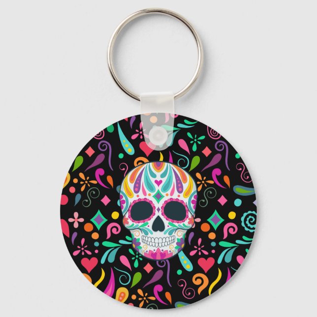 Fancy Flowered Sugar Skull Key Ring (Front)