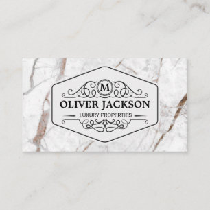 Fancy Frame with Monogram White Marble Business Card
