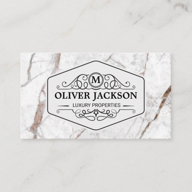 Fancy Frame with Monogram | White Marble Business Card (Front)
