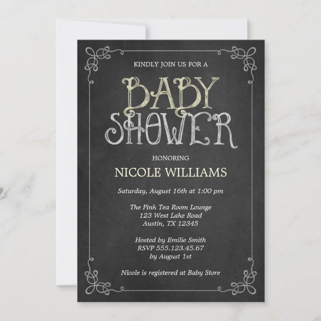 Fancy Frame Yellow Vintage Chalkboard Baby Shower Invitation (Front)